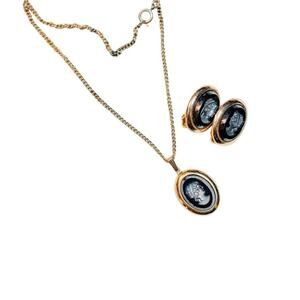Vintage Black Gold Cameo Earrings Necklace Set Sarah Coventry Gothic Cottagecore